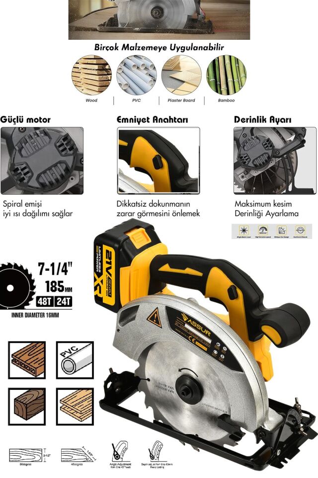 Assur 21V Çift Akülü 4200 Rpm Şarjlı Daire Testere 185mm Ahşap Seramik Kesme