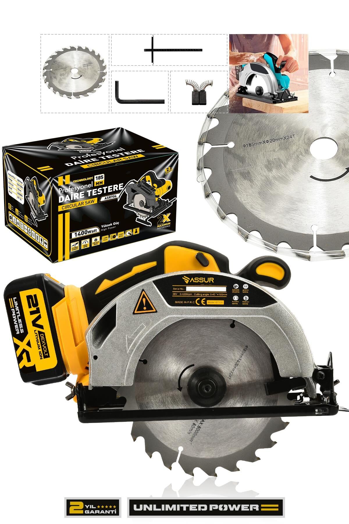 Assur 21V Çift Akülü 4200 Rpm Şarjlı Daire Testere 185mm Ahşap Seramik Kesme
