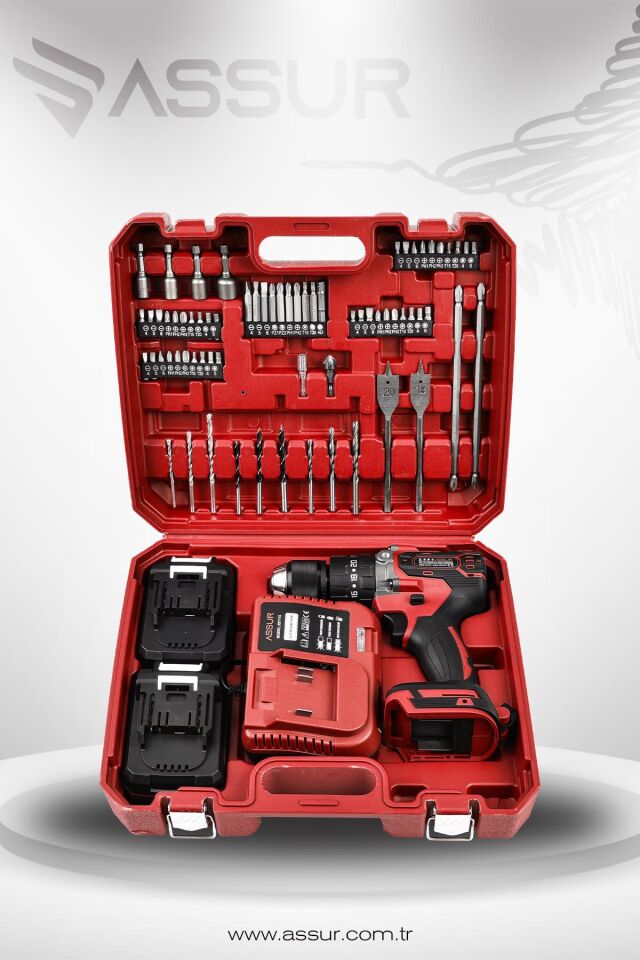 Assur 21V 10 Pilli Çift Akülü Vidalama Darbeli Şarjlı Matkap