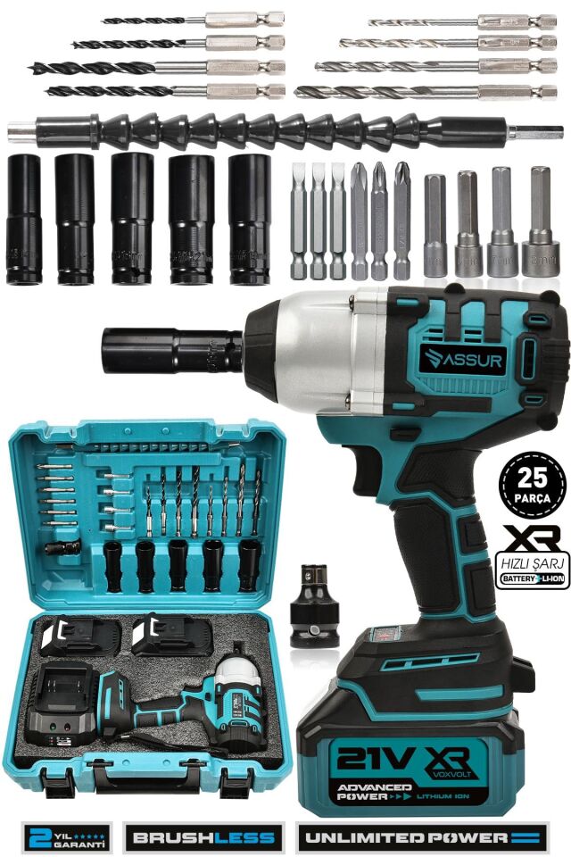 Assur 21V Çift Akü Kömürsüz Darbeli 500Nm Somun Bijon Sıkma Sökme Matkap