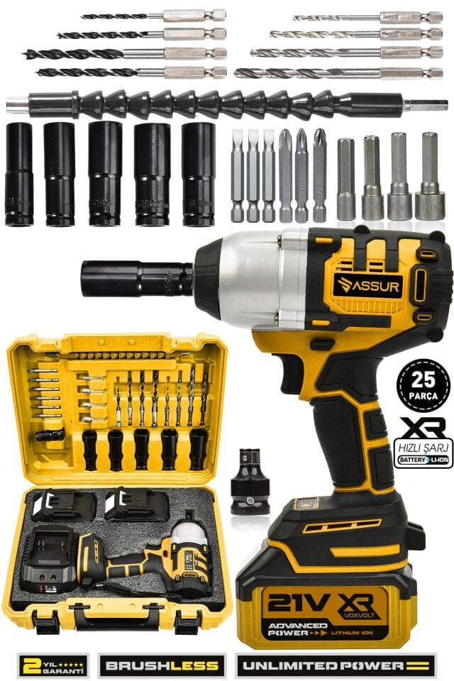 Assur 21V Çift Akü Kömürsüz Darbeli 500Nm Somun Bijon Sıkma Sökme Matkap