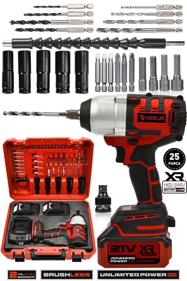 Assur 21V Çift Akü Kömürsüz Darbeli 500Nm Somun Bijon Sıkma Sökme Matkap