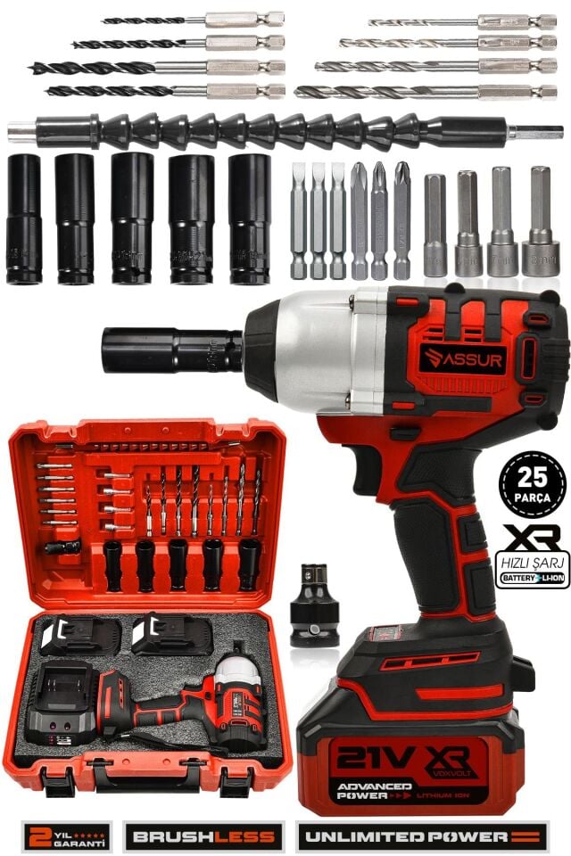 Assur 21V Çift Akü Kömürsüz Darbeli 500Nm Somun Bijon Sıkma Sökme Matkap