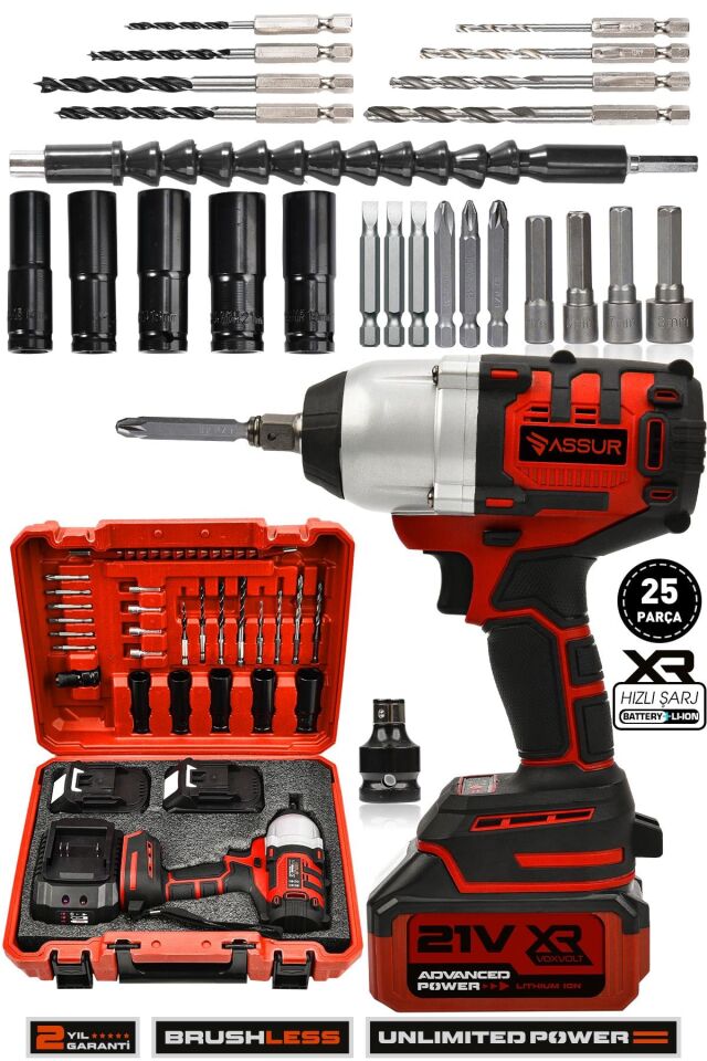 Assur 21V Çift Akü Kömürsüz Darbeli 500Nm Somun Bijon Sıkma Sökme Matkap