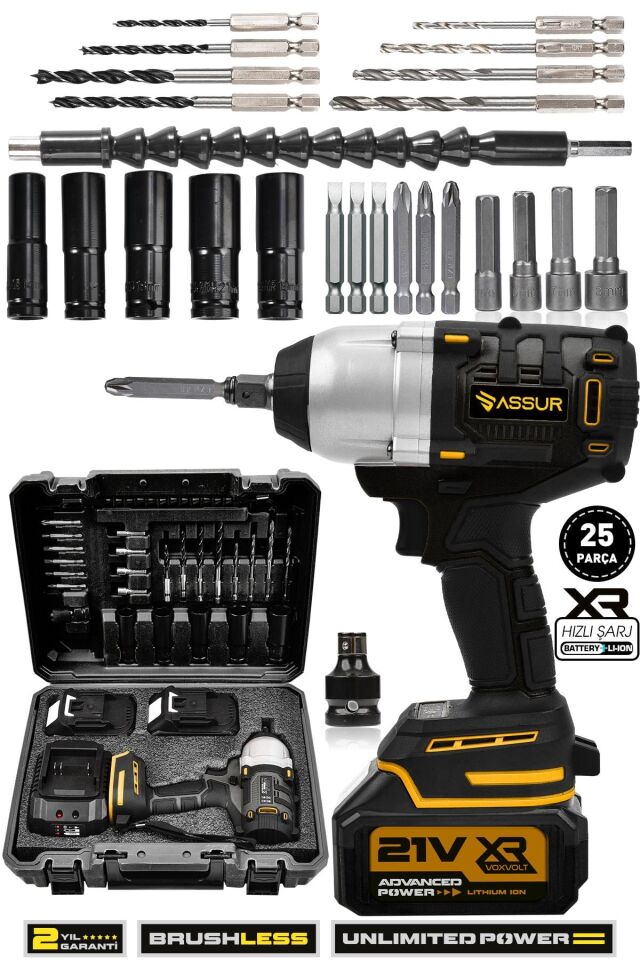 Assur 21V Çift Akü Kömürsüz Darbeli 500Nm Somun Bijon Sıkma Sökme Matkap