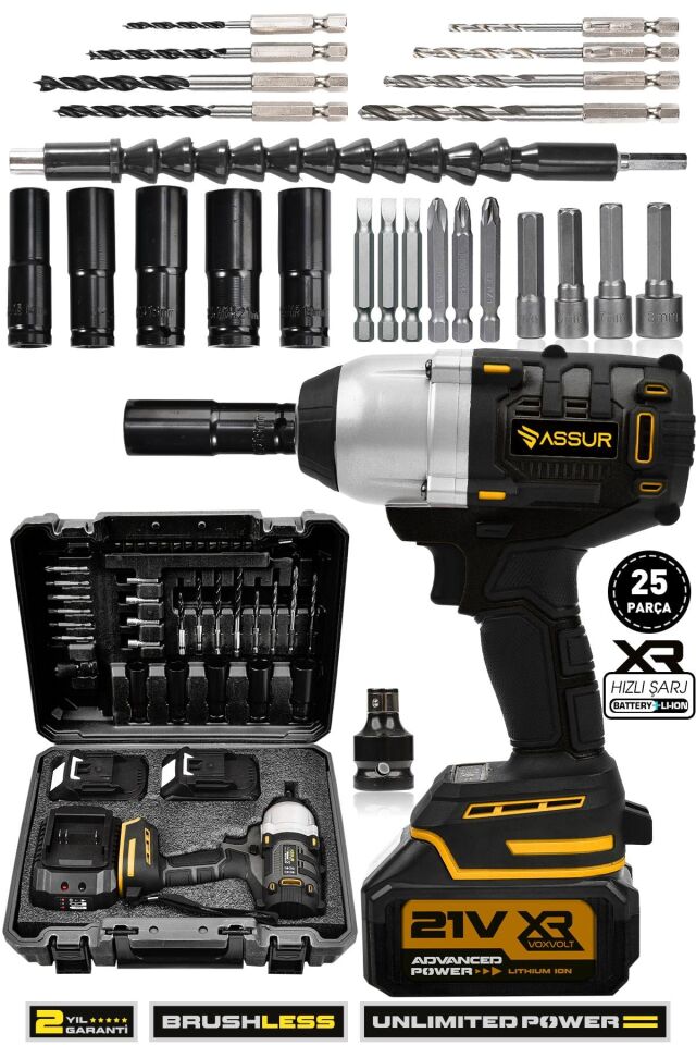 Assur 21V Çift Akü Kömürsüz Darbeli 500Nm Somun Bijon Sıkma Sökme Matkap