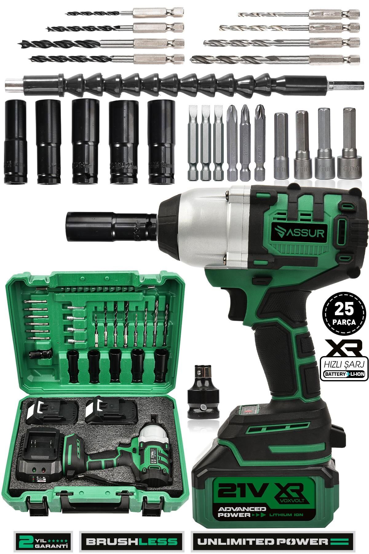 Assur 21V Çift Akü Kömürsüz Darbeli 500Nm Somun Bijon Sıkma Sökme Matkap