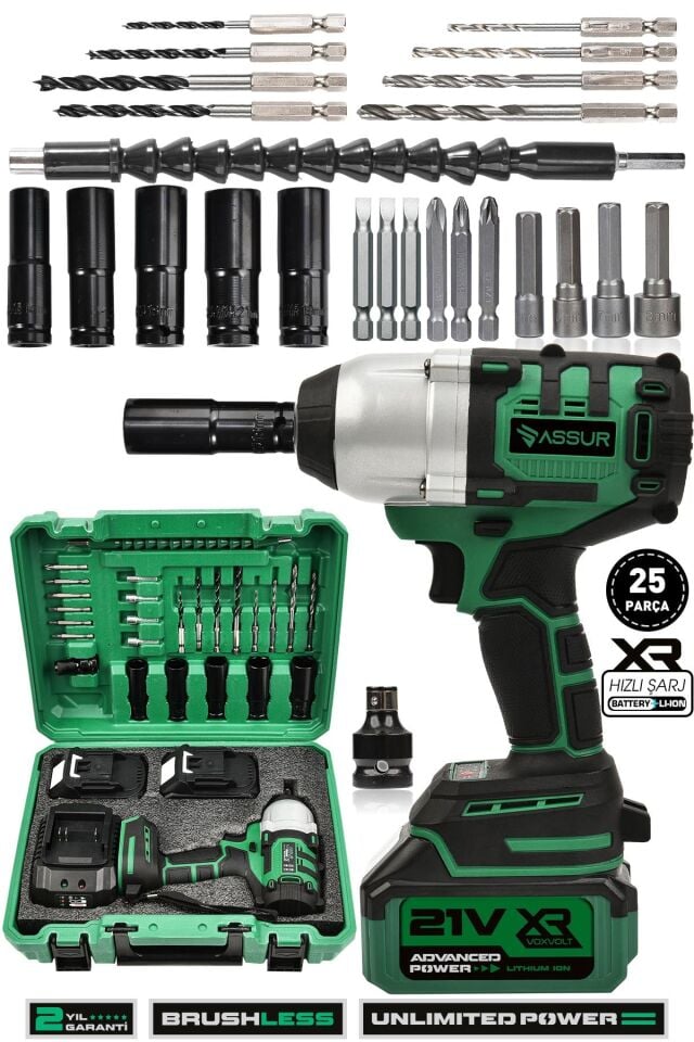 Assur 21V Çift Akü Kömürsüz Darbeli 500Nm Somun Bijon Sıkma Sökme Matkap