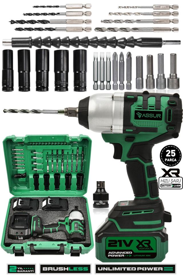 Assur 21V Çift Akü Kömürsüz Darbeli 500Nm Somun Bijon Sıkma Sökme Matkap