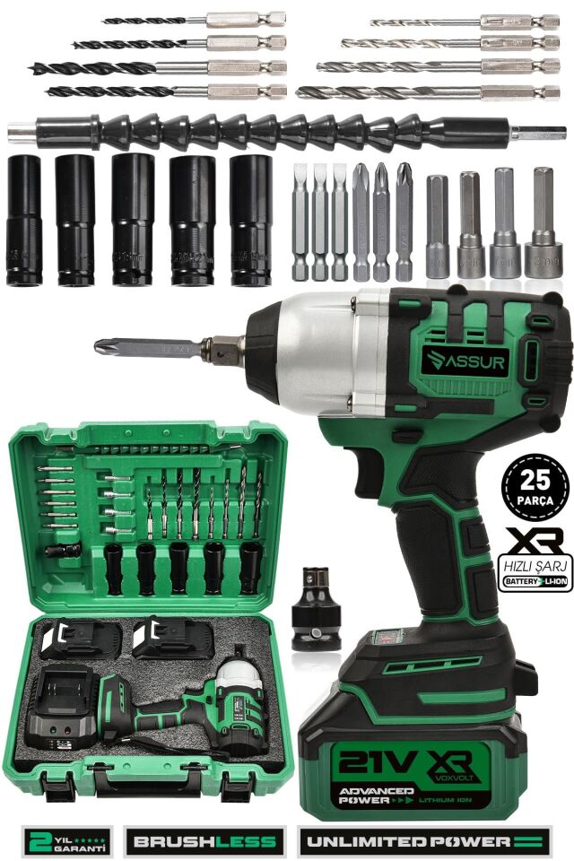 Assur 21V Çift Akü Kömürsüz Darbeli 500Nm Somun Bijon Sıkma Sökme Matkap