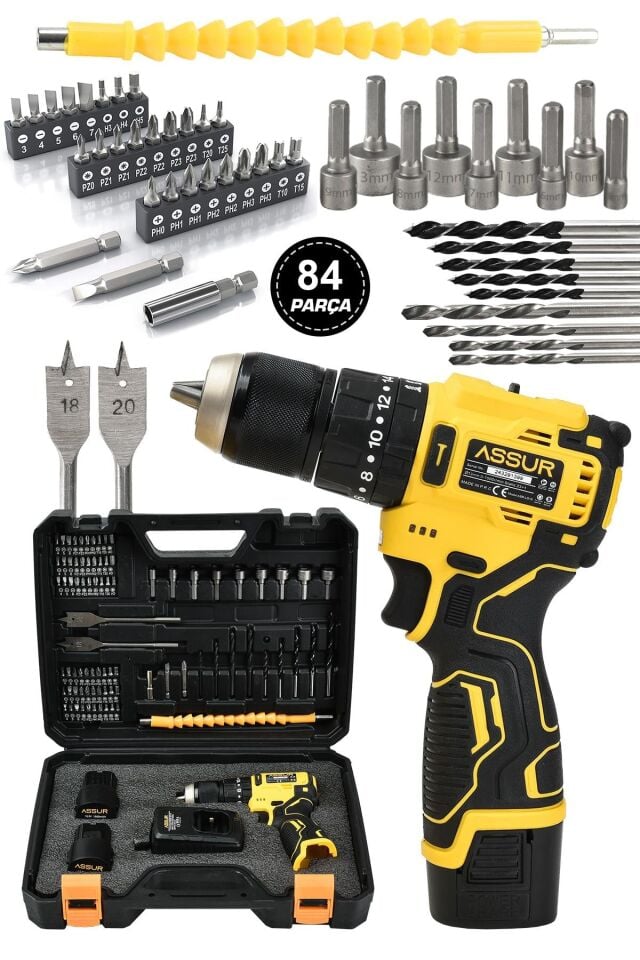 Assur 12V Çift Akülü Şarjlı Matkap Akülü Vidalama 84 Parça