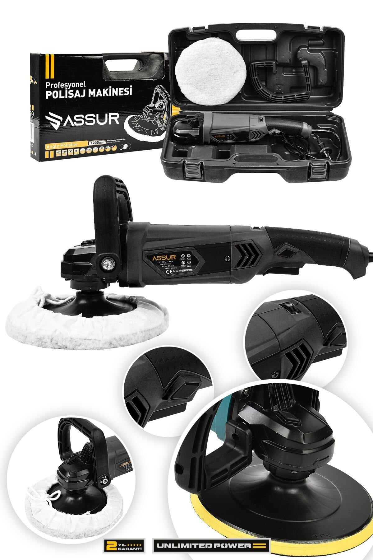 Assur Pro 1200W Polisaj Makinesi Devir Ayarlı 6 Kademeli 180mm Pasta Cila