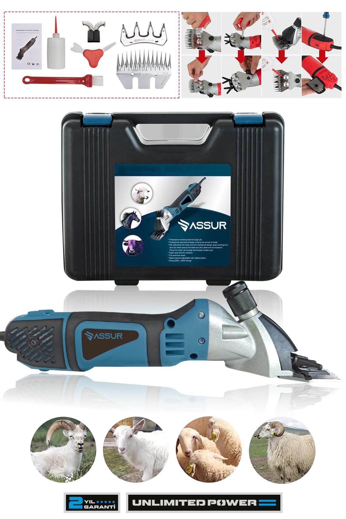 Assur 500W 6 Kademe Ayarlı Metal Şanzıman Koyun Kırkma Makinası