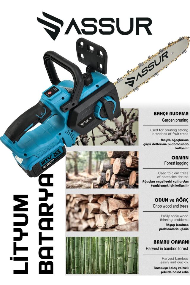 Assur 21V Çift Akülü Dal Ağaç Kesme Motoru Testere Makinesi