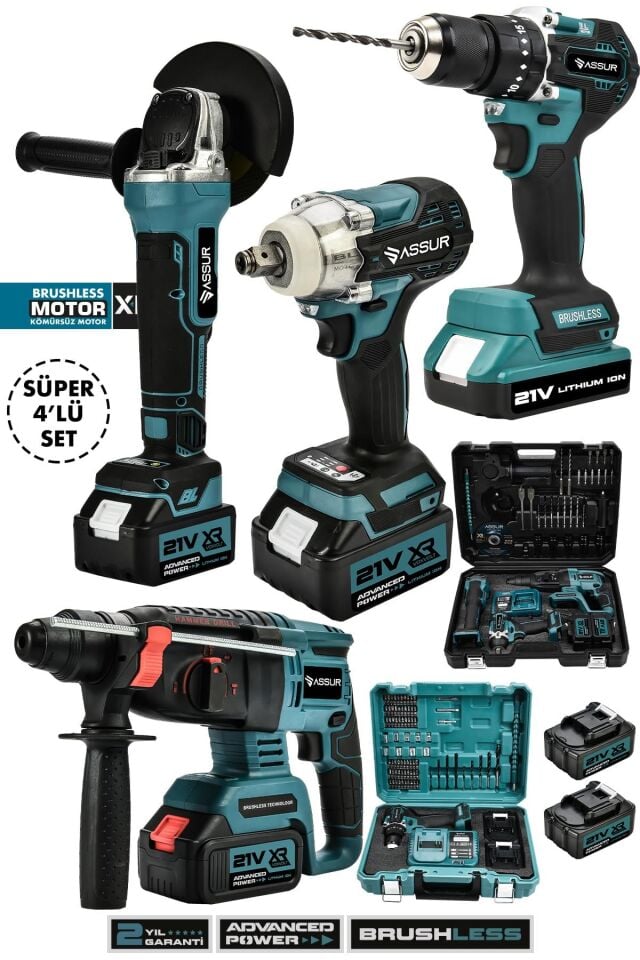 Assur Profesyonel 21V Çift Akü Darbeli Matkap + Kırıcı Delici Hilti 2-26mm + Somun Sıkma Sökme + Taşlama 4'Lü Set