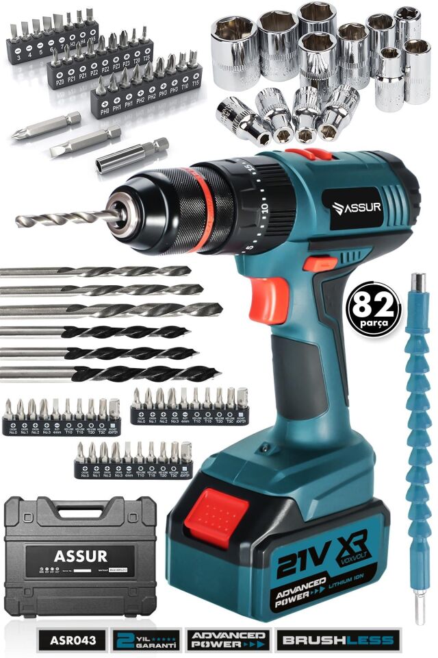 Assur 21V 13mm Çelik Mandren Çift Akülü Şarjlı Darbeli Matkap Akülü Vidalama