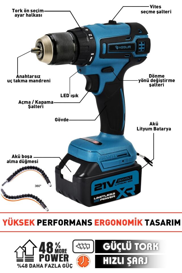 Assur 21V Akülü Vidalama Kömürsüz Motor Şarjlı Matkap
