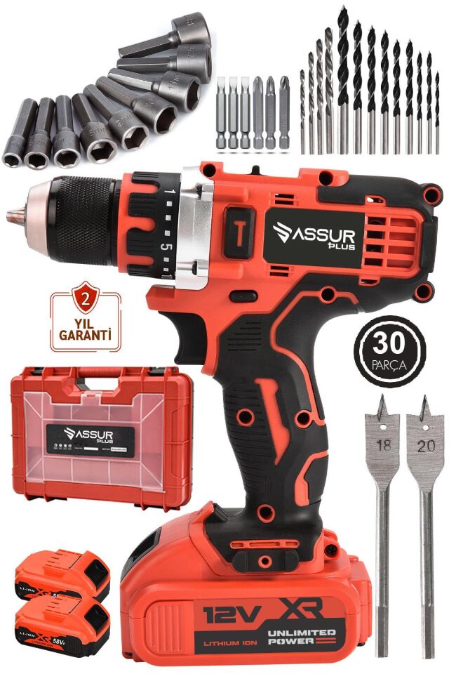 Assur 12V Şarjlı Matkap Bakır Sargılı Çift Akülü Vidalama