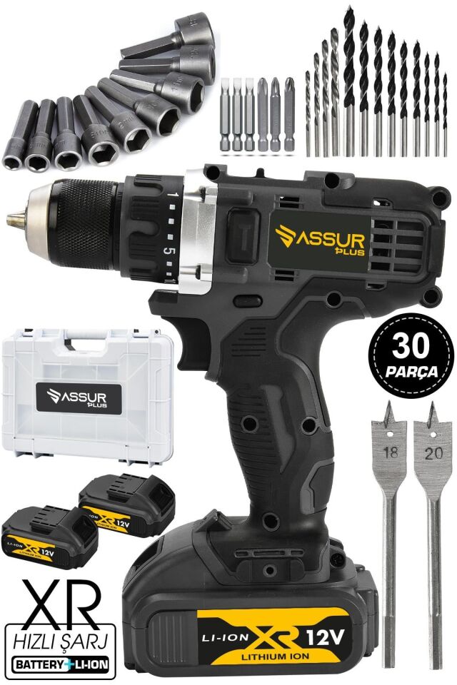 Assur 12V Şarjlı Matkap Bakır Sargılı Çift Akülü Vidalama