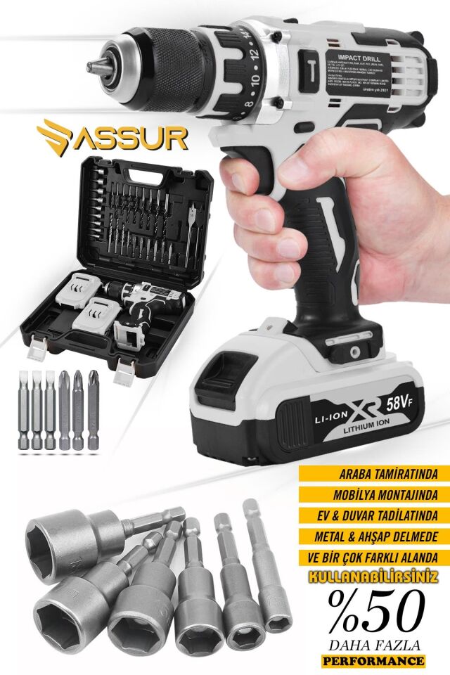 Assur 12V Şarjlı Matkap Bakır Sargılı Çift Akülü Vidalama