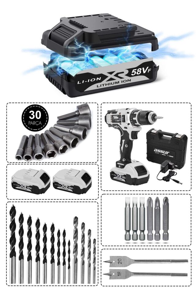 Assur 12V Şarjlı Matkap Bakır Sargılı Çift Akülü Vidalama