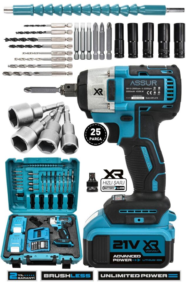 Assur 21V Çift Akülü Bijon Somun Sıkma Sökme Matkap Kömürsüz Darbeli