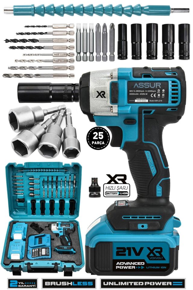 Assur 21V Çift Akülü Bijon Somun Sıkma Sökme Matkap Kömürsüz Darbeli
