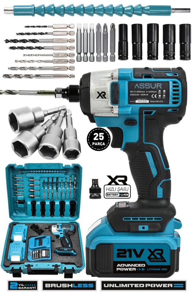 Assur 21V Çift Akülü Bijon Somun Sıkma Sökme Matkap Kömürsüz Darbeli