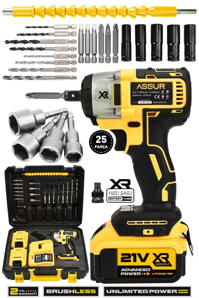 Assur 21V Çift Akülü Bijon Somun Sıkma Sökme Matkap Kömürsüz Darbeli
