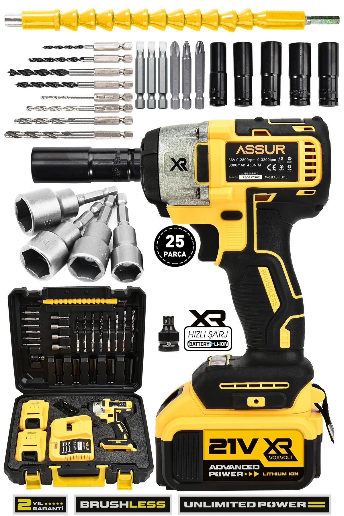 Assur 21V Çift Akülü Bijon Somun Sıkma Sökme Matkap Kömürsüz Darbeli
