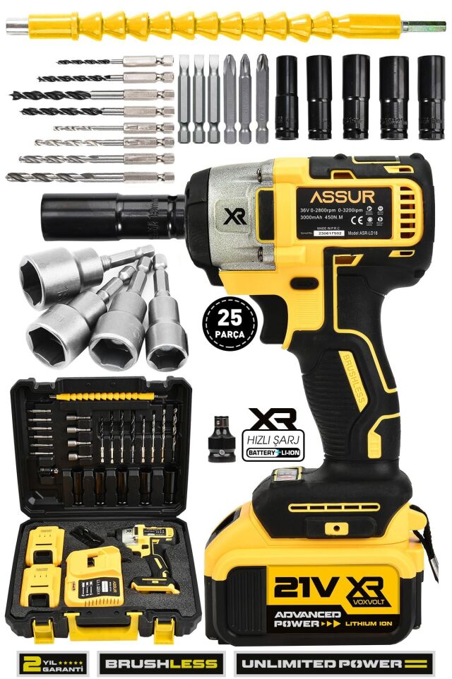 Assur 21V Çift Akülü Bijon Somun Sıkma Sökme Matkap Kömürsüz Darbeli