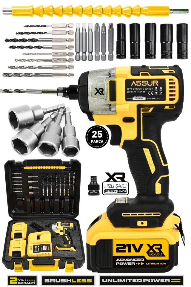 Assur 21V Çift Akülü Bijon Somun Sıkma Sökme Matkap Kömürsüz Darbeli