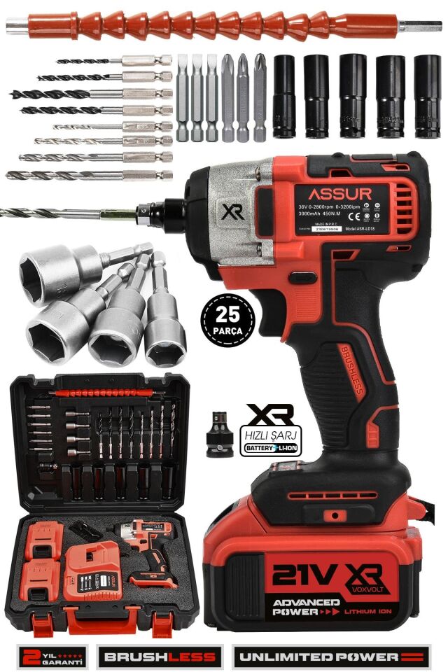 Assur 21V Çift Akülü Bijon Somun Sıkma Sökme Matkap Kömürsüz Darbeli