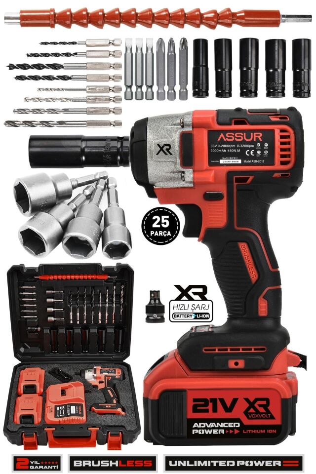 Assur 21V Çift Akülü Bijon Somun Sıkma Sökme Matkap Kömürsüz Darbeli