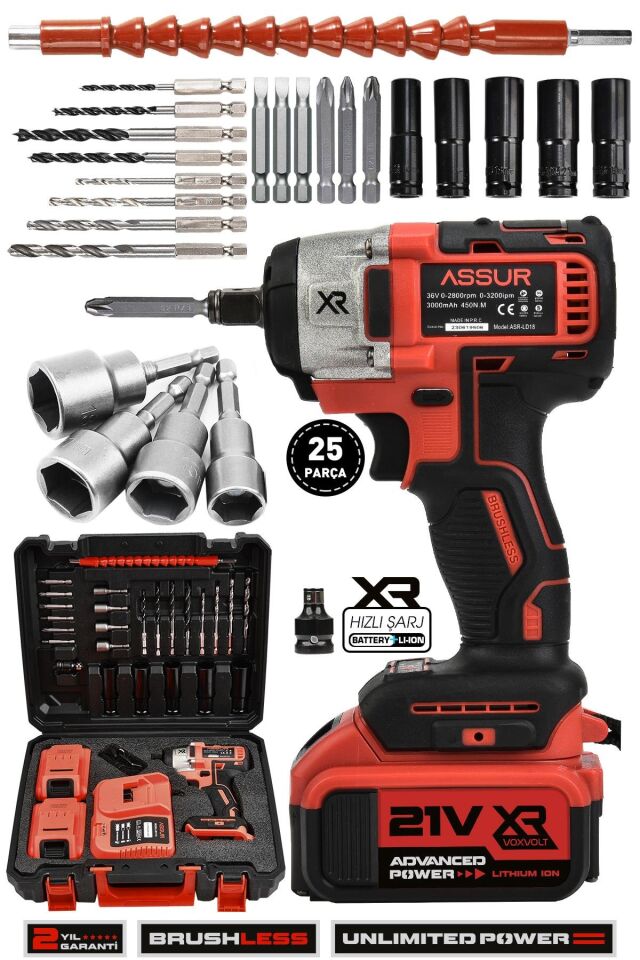 Assur 21V Çift Akülü Bijon Somun Sıkma Sökme Matkap Kömürsüz Darbeli