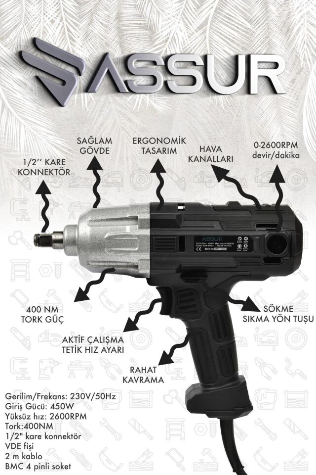 Assur Elektrikli Somun Sıkma Sökme Makinesi 450W