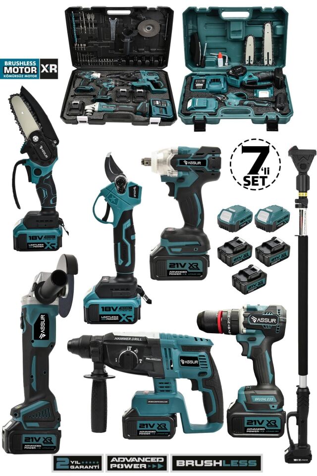 Assur 7'li Set Matkap Taşlama Kırıcı Delici Hilti Somun Sökme & Teleskopik Kol Testere Bağ Makası