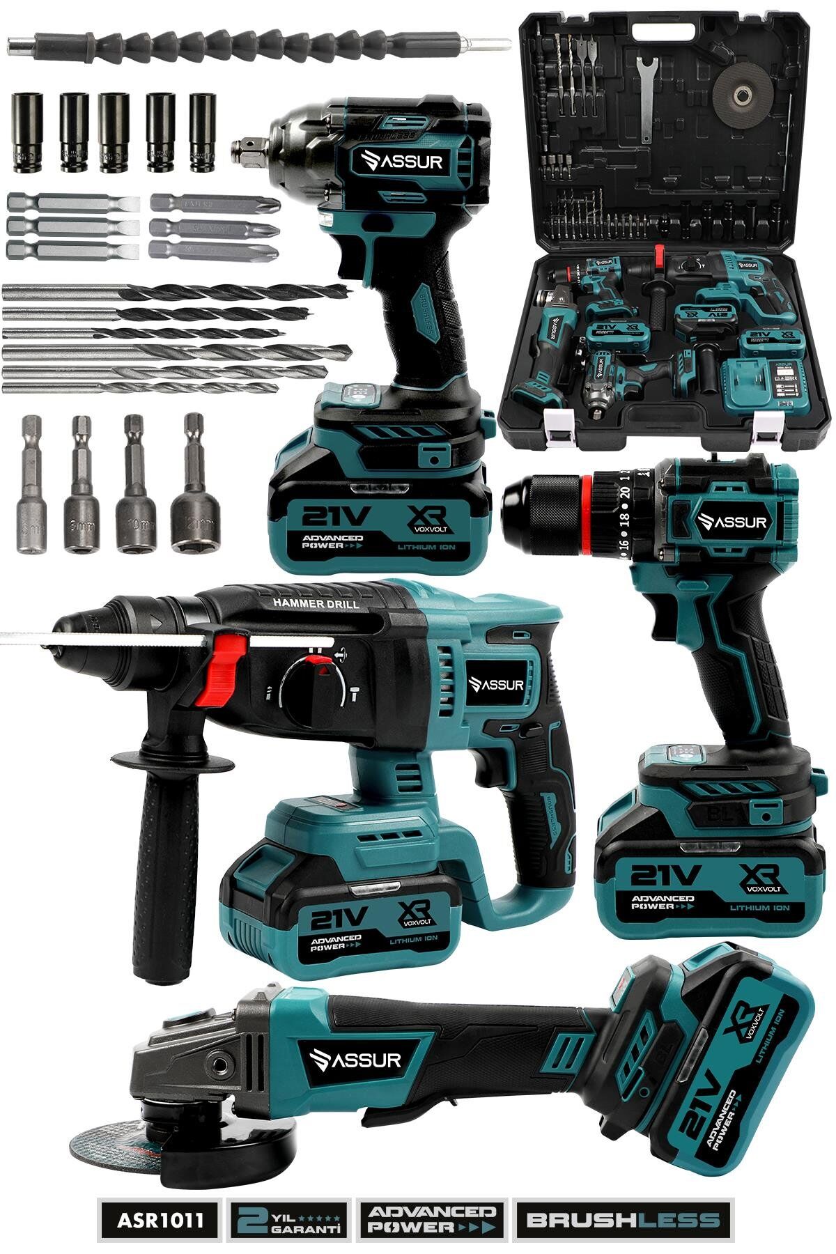 Assur Profesyonel 21V Akülü Matkap & Taşlama & Kırıcı Delici Hilti & Somun Sıkma Sökme 4'lü Set