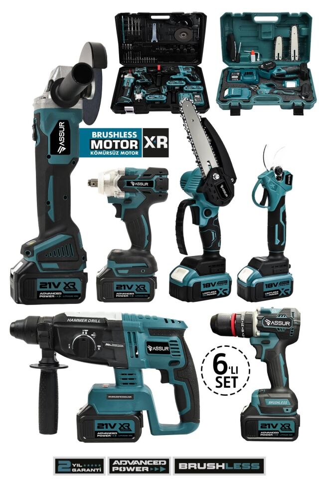 Assur 6'lı Set Kömürsüz Kırıcı Delici Hilti+Vidalama+Taşlama+Somun Sökme+Budama Testeresi+Budama Makası