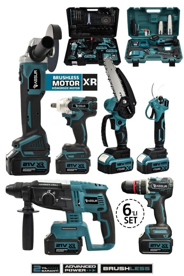 Assur 6'lı Set Kömürsüz Kırıcı Delici Hilti+Vidalama+Taşlama+Somun Sökme+Budama Testeresi+Budama Makası