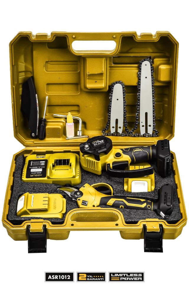 Assur 18V Çift Akülü Çelik Şanzıman Dal Budama Makası & Testeresi 2 Li Set