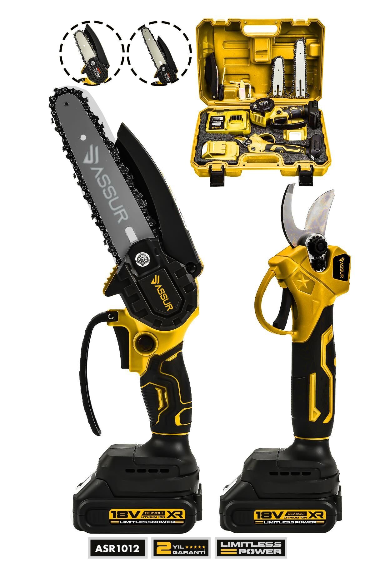 Assur 18V Çift Akülü Çelik Şanzıman Dal Budama Makası & Testeresi 2 Li Set