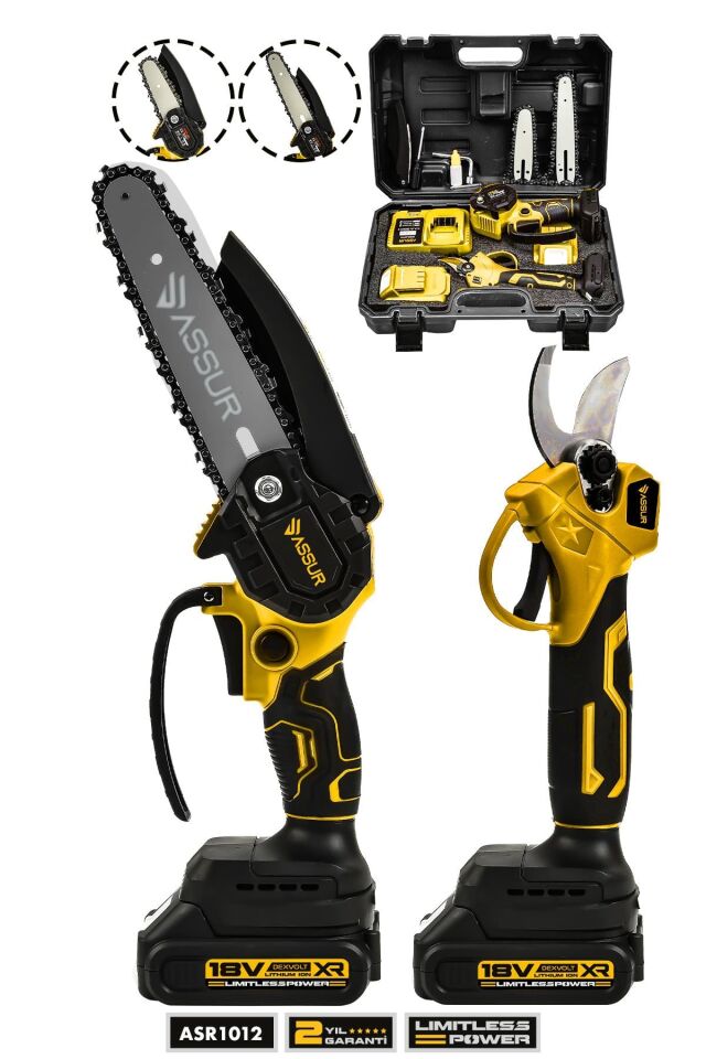 Assur 18V Çift Akülü Çelik Şanzıman Dal Budama Makası & Testeresi 2 Li Set