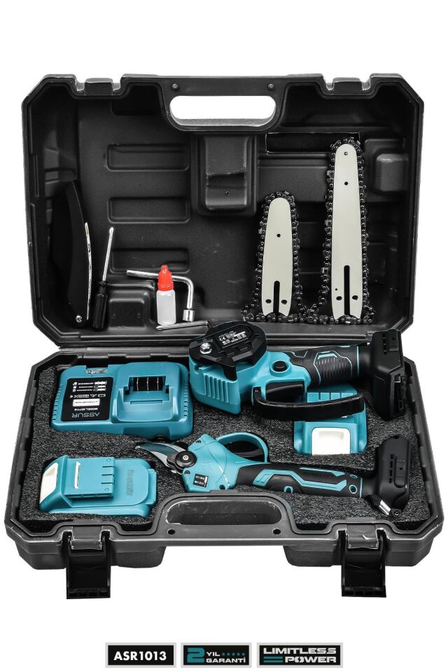 Assur 18V Çift Akülü Çelik Şanzıman Dal Budama Makası & Testeresi 2 Li Set