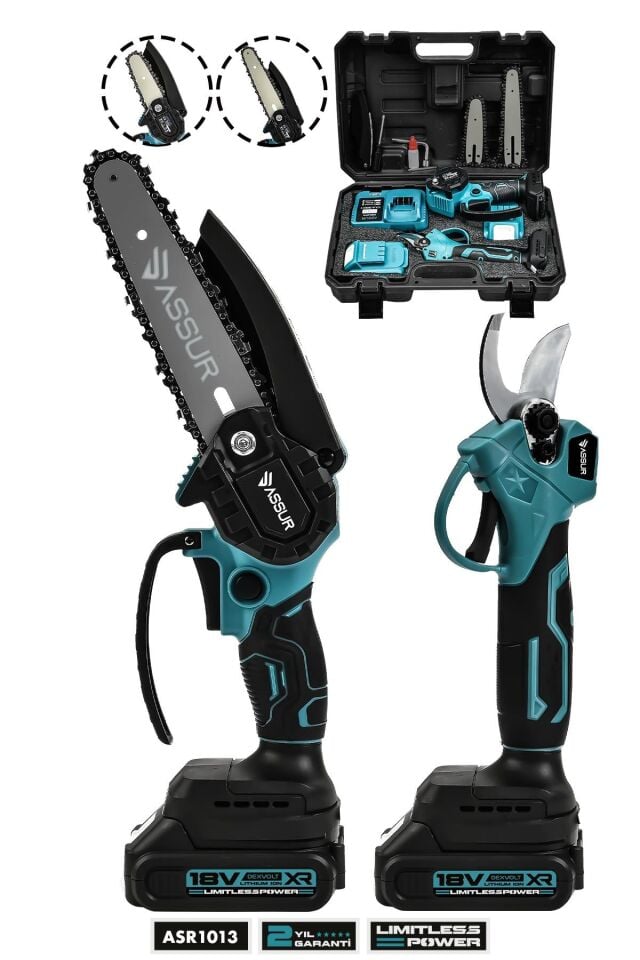 Assur 18V Çift Akülü Çelik Şanzıman Dal Budama Makası & Testeresi 2 Li Set