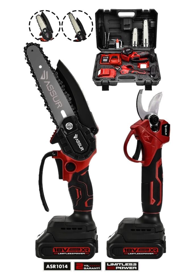 Assur 18V Çift Akülü Çelik Şanzıman Dal Budama Makası & Testeresi 2 Li Set