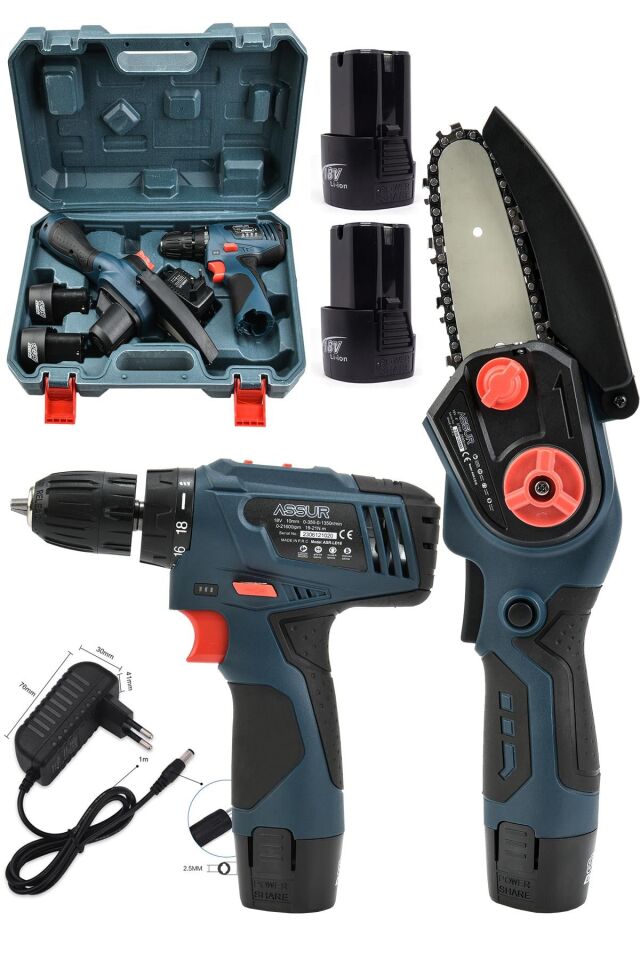 Assur Profesyonel 18V Çift Akülü Vidalama & Ağaç Odun Dal Budama Testeresi 2'li Set