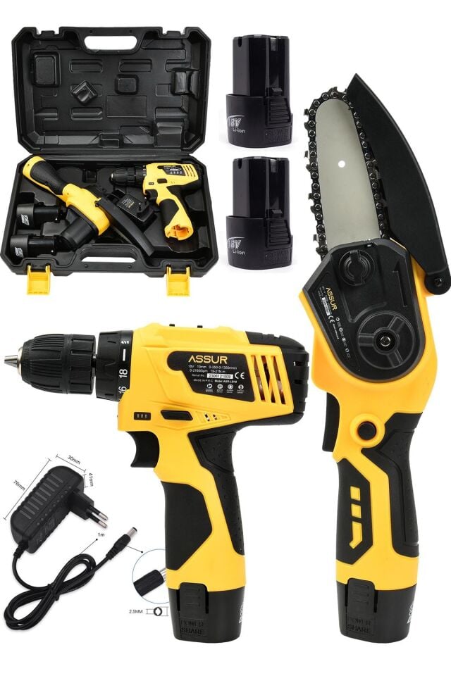 Assur Profesyonel 18V Çift Akülü Vidalama & Ağaç Odun Dal Budama Testeresi 2'li Set