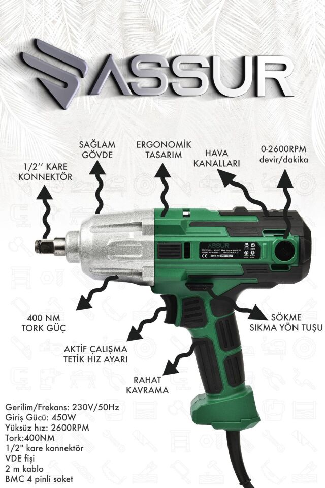 Assur Elektrikli Somun Sıkma Sökme Makinesi 450W