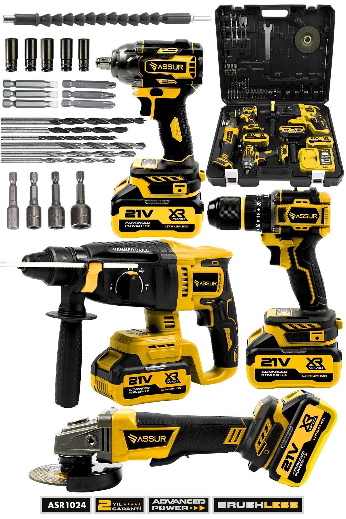 Assur Profesyonel 21V Akülü Kırıcı Delici Hilti & Taşlama & Matkap & Somun Sıkma Sökme 4'lü Set